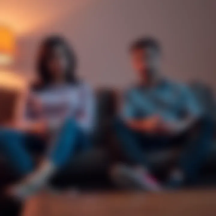 Couple Sitting Together on Couch A couple sitting on a couch, looking concerned as they discuss serious topics about honesty and finances.