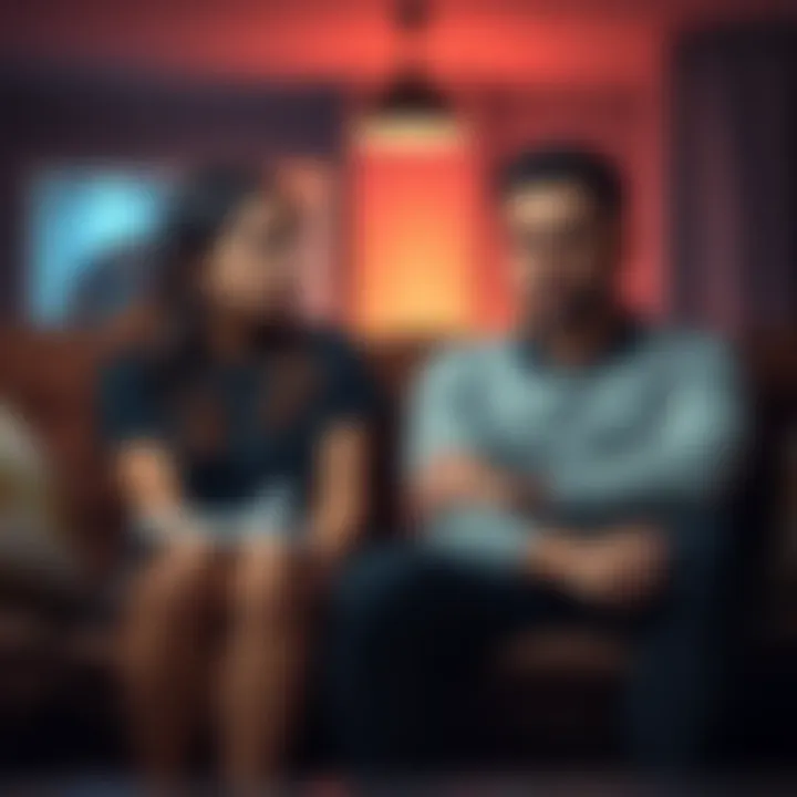 A young woman sitting on a couch, looking concerned while her boyfriend sits across from her with a distressed expression, symbolizing the strain of gambling addiction on their relationship.