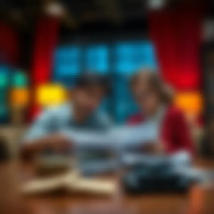 A worried couple sits at a table with bills and paperwork, looking concerned about their financial situation due to gambling addiction