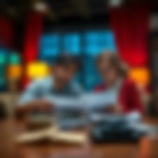 Couple Facing Financial Stress A worried couple sits at a table with bills and paperwork, looking concerned about their financial situation due to gambling addiction