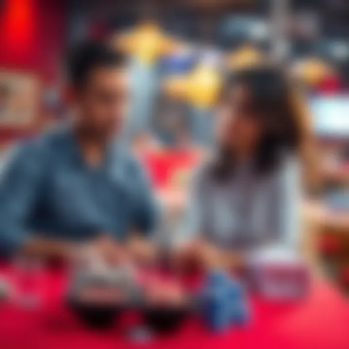 A couple sitting together at a table with worried expressions, discussing the impact of gambling addiction on their relationship.