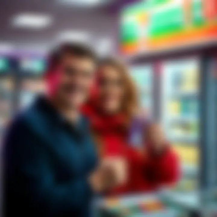 A happy couple holding a scratch ticket and smiling in a 7/11 store after winning $1,000
