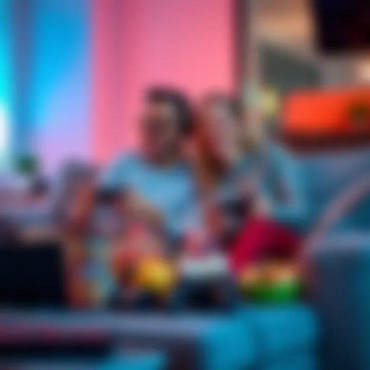 A couple sitting on a couch, excitedly playing a video game together, surrounded by gaming gear and snacks.