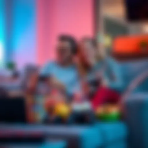 Couple Enjoying a Game Together A couple sitting on a couch, excitedly playing a video game together, surrounded by gaming gear and snacks.