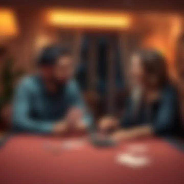 A couple sitting at a table, engaged in a conversation about poker, with cards and chips visible