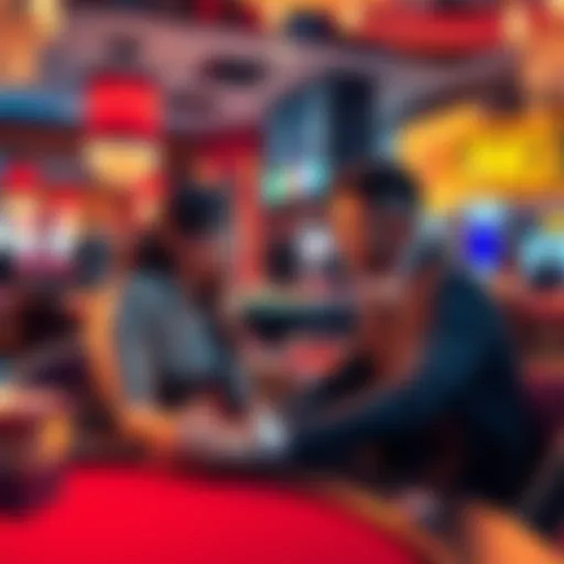 A couple sitting at a casino table, engaged in a conversation while a dealer manages the game in the background.
