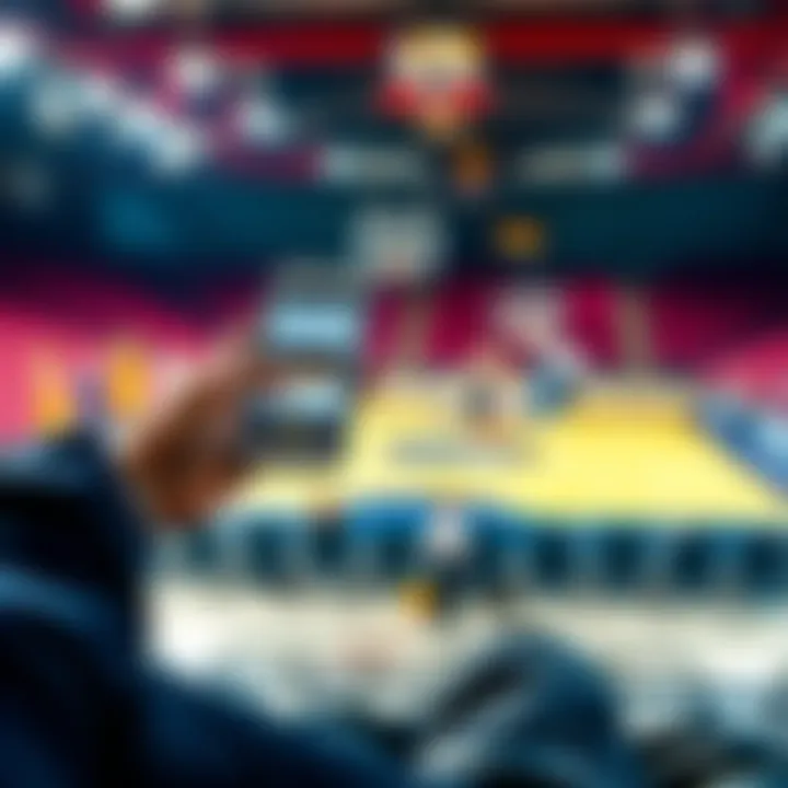 Courtside Group Connection A person messaging about joining a basketball group, holding a phone with a courtside view in the background.