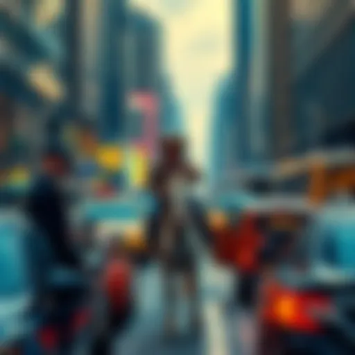 A cowboy on horseback navigating through city traffic, surrounded by curious commuters and vehicles.