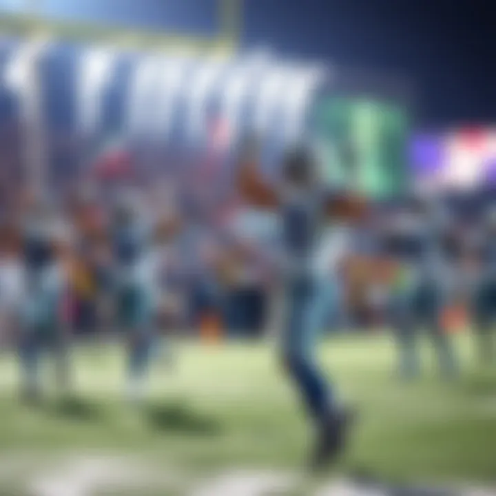 Dallas Cowboys players celebrating a big win on the field in Las Vegas, with fans cheering in the background.