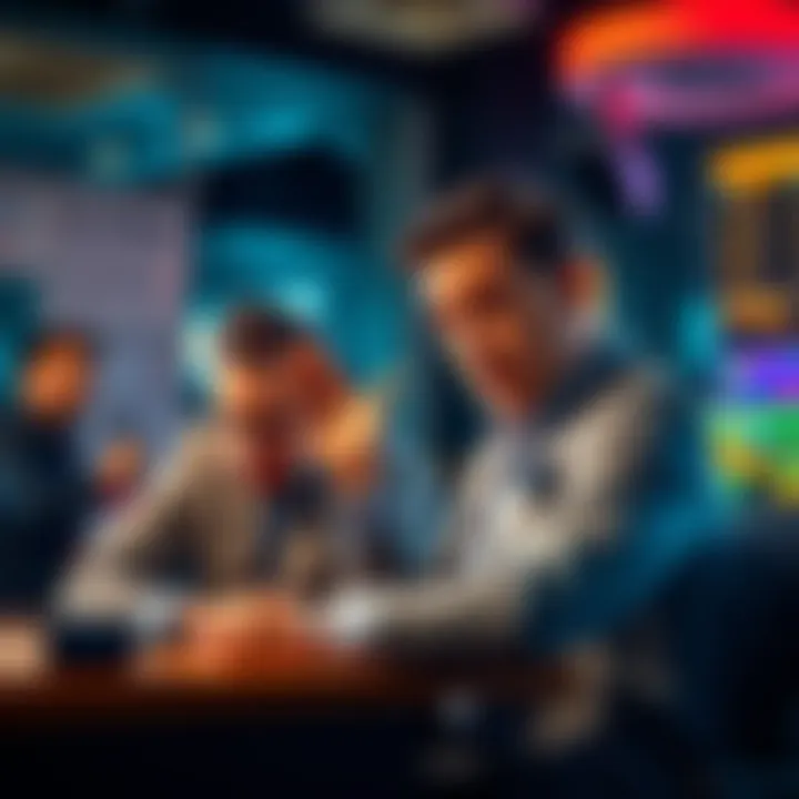 A man boasting about his gambling winnings while another man looks distressed at his desk, highlighting workplace tension due to financial struggles.