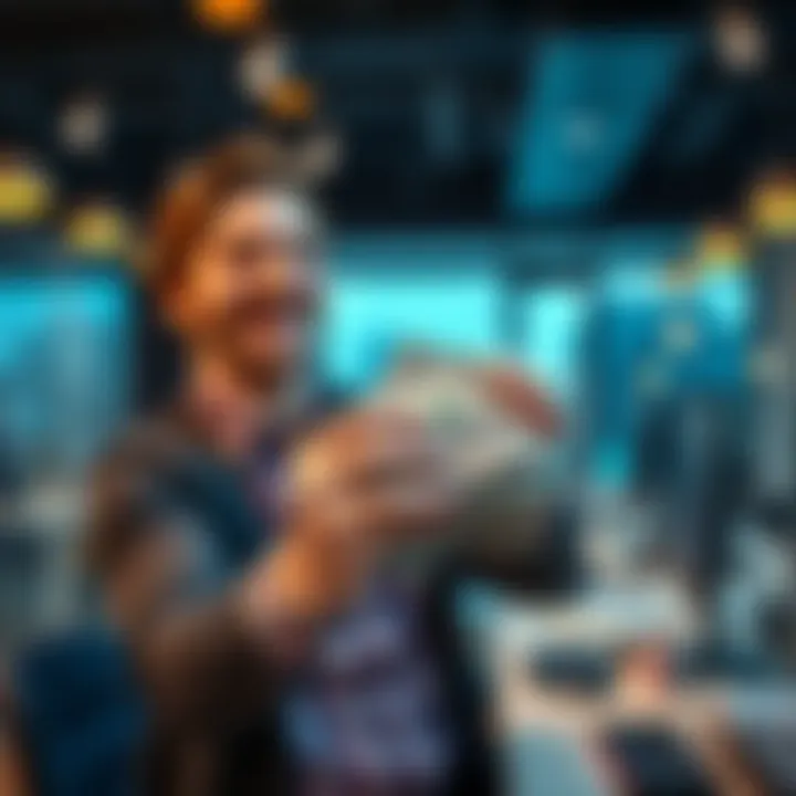 A coworker holds a cashout of $500 with a smile, celebrating a big win from a $1 bet in an office setting.