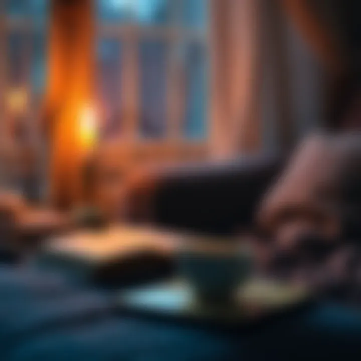 A warm cozy room with a glowing candle, a book, and a cup of tea on a table, creating a relaxing atmosphere for a good night.