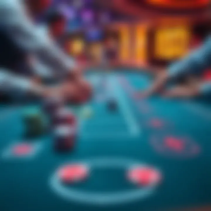 A close-up of a crapless table with colorful chips and players engaging in a game, focusing on the betting spots.