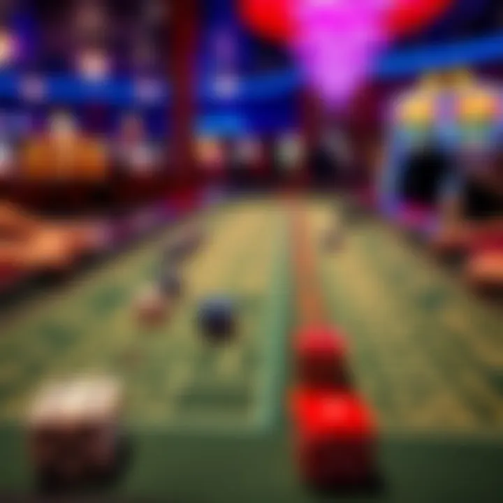 A craps table showing different minimum bet amounts at a Las Vegas casino, with colorful dice and players placing bets.