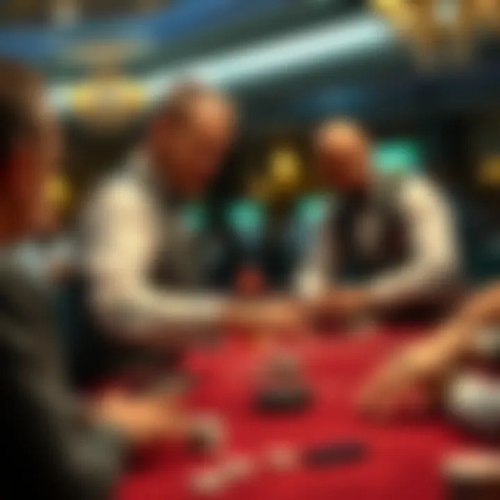 A craps dealer interacting with players at a casino table, showing dice and placing bets.