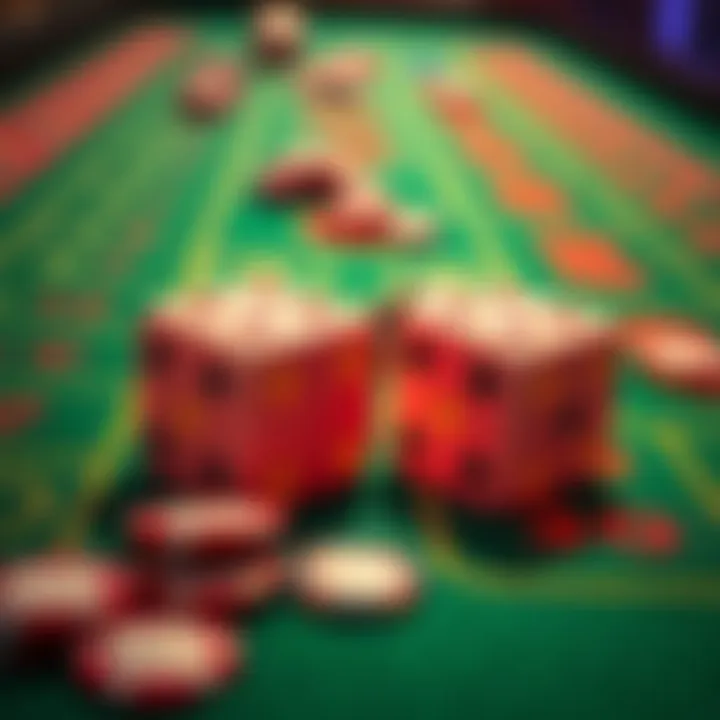 A pair of dice showing different numbers on a green felt Craps table with chips placed on betting spaces