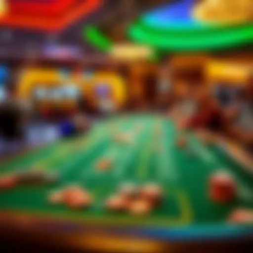 A craps table with colorful chips and excited players in a casino setting