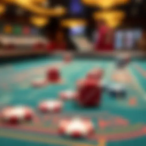 A craps table featuring colorful chips and dice in a casino setting