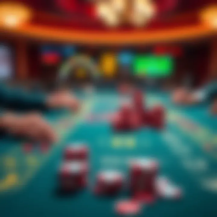 A craps table showing players placing bets on numbers 5, 6, 8, and 9 with chips stacked in front of them.