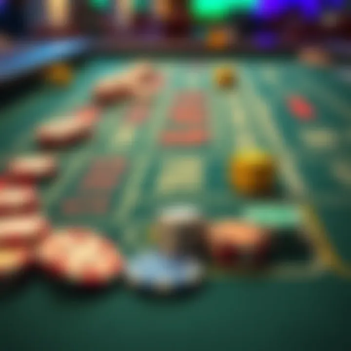 A craps table showing chips and dice, with a focus on betting areas for numbers like 4, 5, 6, 8, 9, and 10.