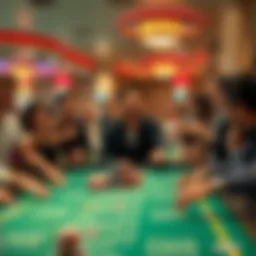 A player celebrates a winning streak at a craps table surrounded by friends, animated with excitement as chips pile up, but with an underlying tension of impending losses.