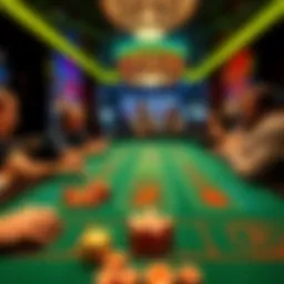 A craps table at Park MGM with players engaged in the game, colorful chips and dice visible, and friendly staff interacting with players.