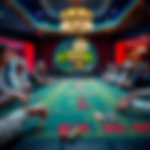 A vibrant craps table filled with players rolling dice and placing bets in a casino setting.