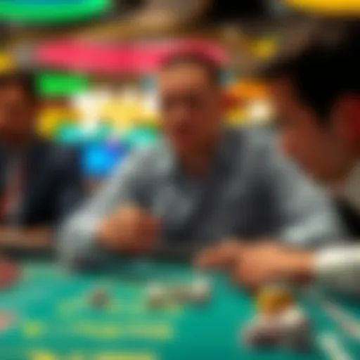 A focused player studying the dice rolls at a craps table with chips in hand, while others watch.