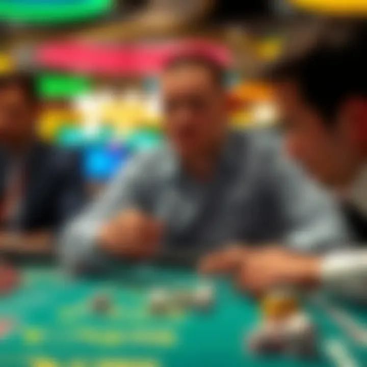 A focused player studying the dice rolls at a craps table with chips in hand, while others watch.