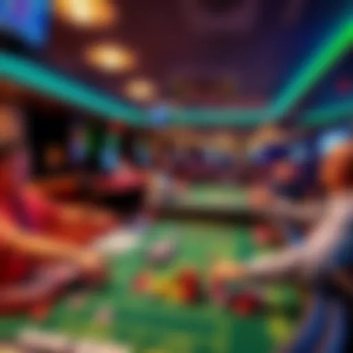 A busy craps table in Las Vegas with players placing bets, colorful chips, and a dealer announcing the game.