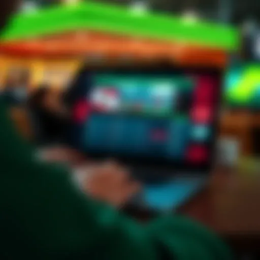 A person using a laptop to set up a Bet 365 account with betting graphics on the screen