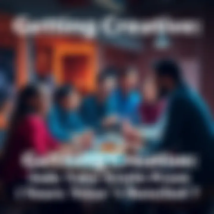 A group of diverse people gathered around a table sharing ideas for a creative project.
