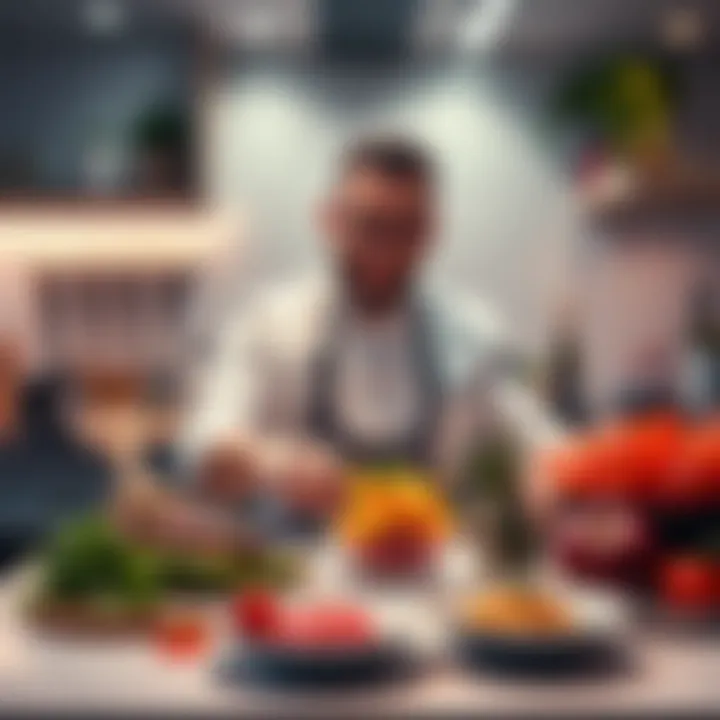 A chef experimenting with vibrant ingredients in a modern kitchen, showcasing unique dishes.