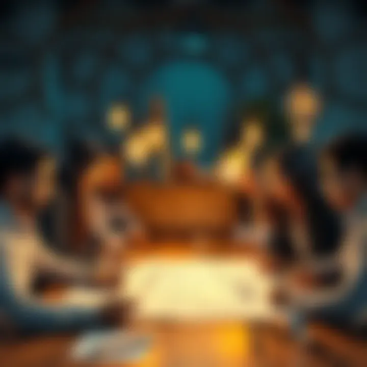 A group of diverse people brainstorming around a table with sketches and lightbulbs symbolizing innovation