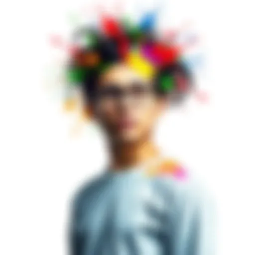 A person with colorful paint splashes around their head, representing unconventional thoughts, standing confidently against a bright background.