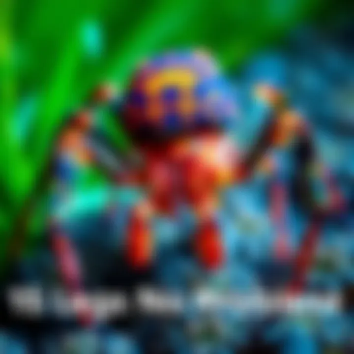 A close-up view of a unique creature with 15 legs, showcasing its vibrant colors and intricate details in its natural habitat.