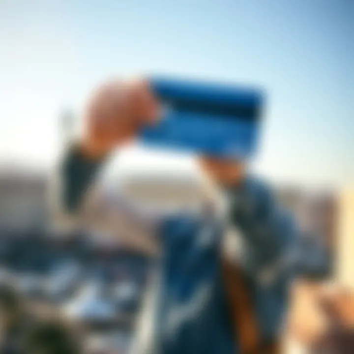 A person excitedly holds a no annual fee credit card with a city skyline in the background, symbolizing their upcoming trip to Las Vegas.