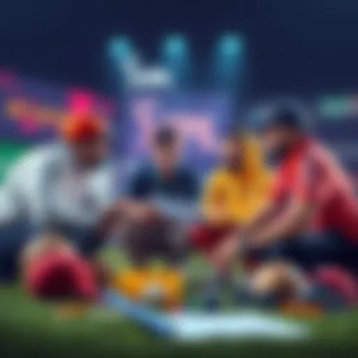 A group of people engaged in discussions about Cricket IPL betting with charts and sports gear around them