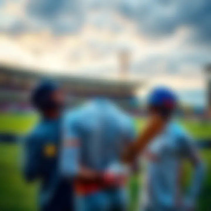Cricket Match Preview Cricket players from Australia and India preparing for a match with a cricket field in the background