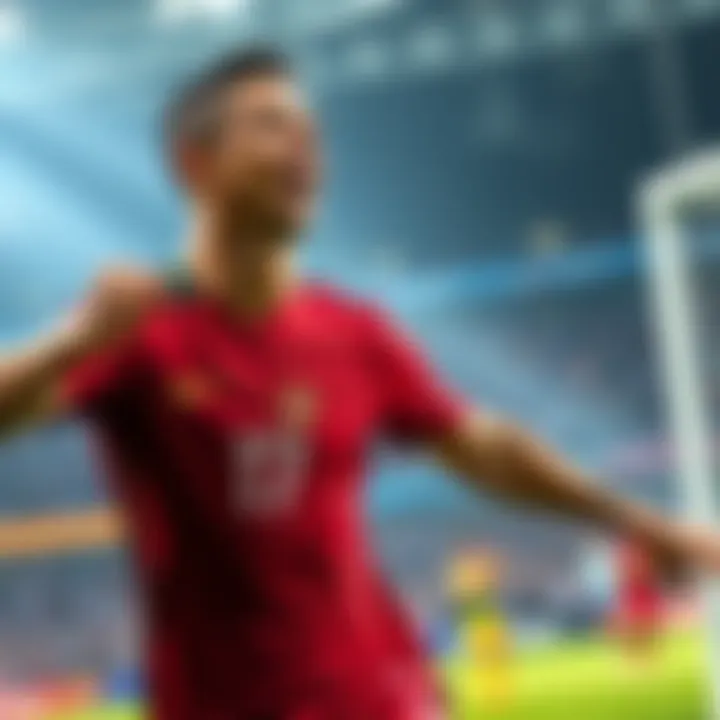 Cristiano Ronaldo celebrating after scoring a goal during a soccer match, wearing a Portugal jersey
