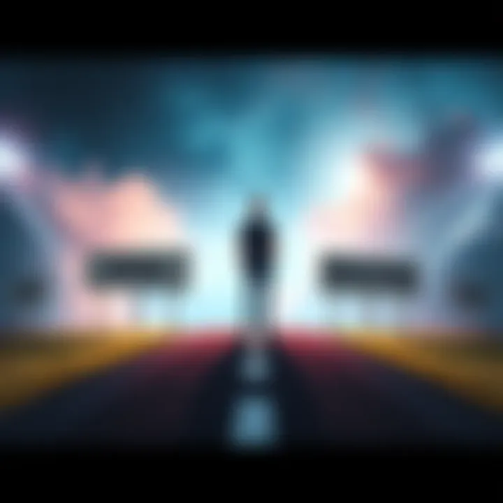 A person stands at a crossroads, pondering two paths labeled with winning and waiting, symbolizing the choice to take a win now or gamble for more later.