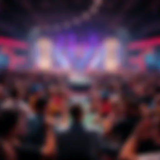 A lively crowd cheering at the WSOP Final Table during a poker match, creating excitement and energy in the atmosphere.