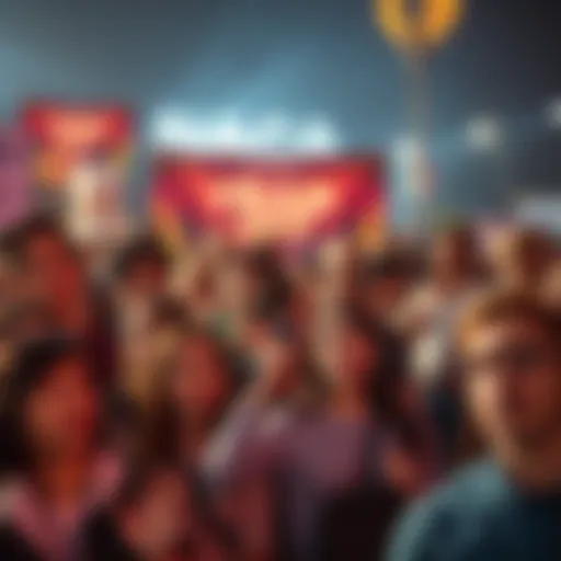A diverse group of people looking excited and curious, gathered together as if waiting for an important announcement, with banners and signs in the background.