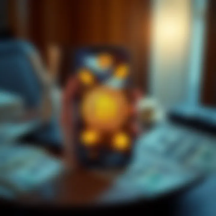 A hand holding a smartphone displaying Bitcoin rewards while dollar bills are spread on a table, symbolizing crypto bonuses.