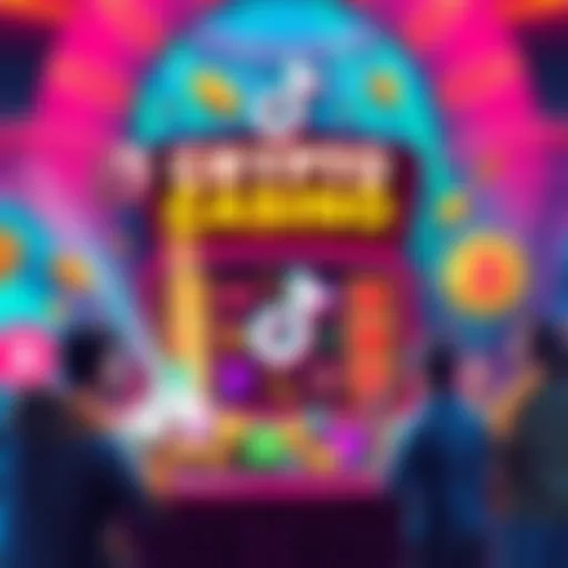 A vibrant graphic showcasing a popular crypto casino promoted on TikTok, featuring colorful slots and players celebrating wins, with indicators of easy sign-up and bonuses