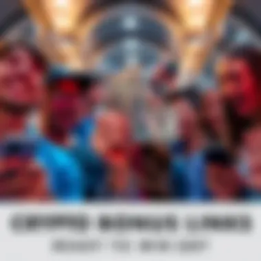 Crypto Bonus Challenge A group of excited people looking at their phones, eagerly waiting to share a bonus link for a crypto challenge. One person is holding up a $20 bill as a reward.