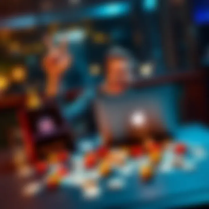 A happy person sitting at a table with a laptop, excitedly looking at their screen showing a $40 crypto bonus, keno tickets scattered around, indicating they are ready to play.