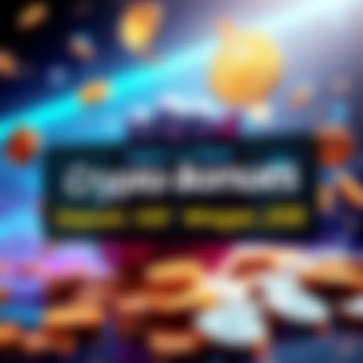Crypto Bonus Promotion A graphic showing a person depositing cryptocurrency with a bonus offer text, highlighting the deposit and wagering amounts, surrounded by coins and digital elements.