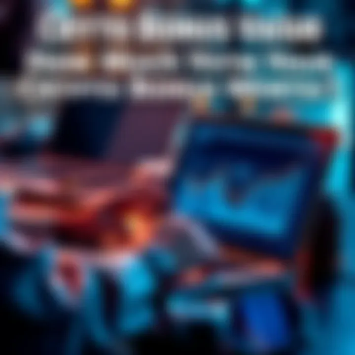 A person analyzing crypto bonuses on a laptop with charts and graphs showing growth