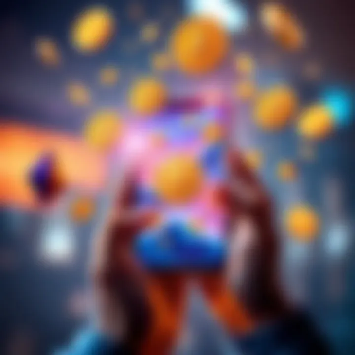 A person holding a smartphone with cryptocurrency logos and bonus icons floating around.